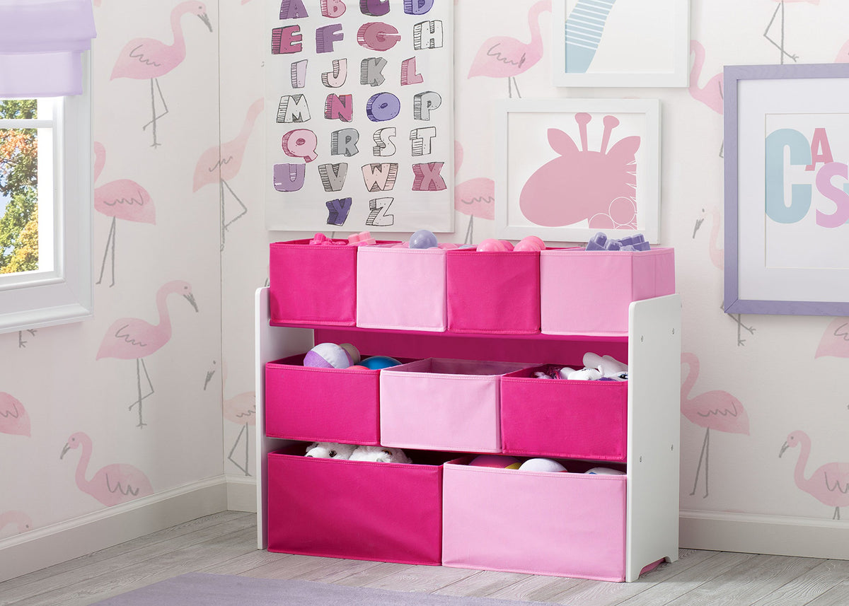 Delta Children deluxe multi-bin toy organizer bins closeup showing varied sizes for sorting