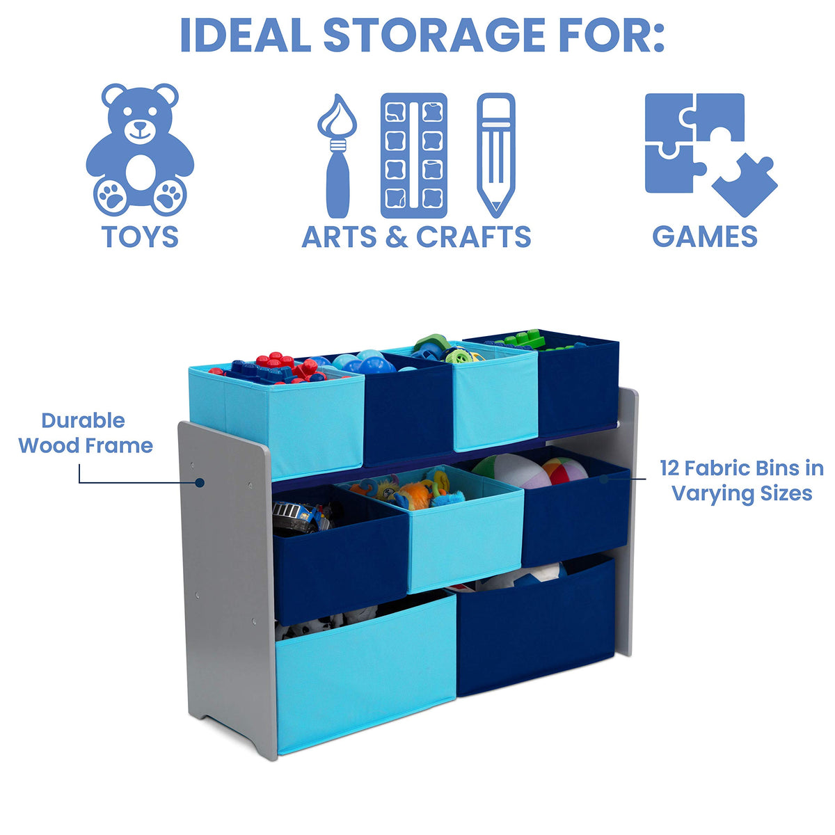 Delta Children organizer in action with a child reaching for a favorite toy