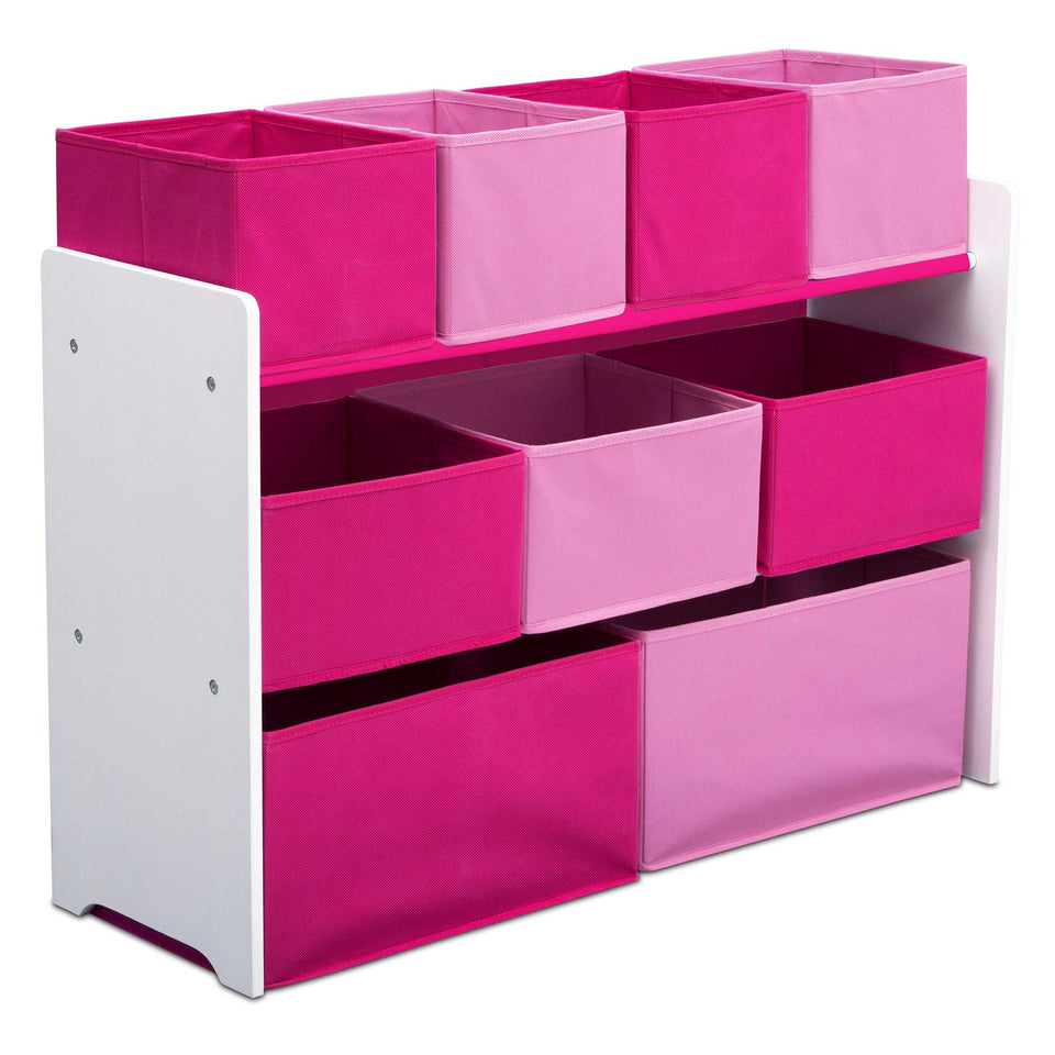 Delta Children deluxe multi-bin toy organizer front view with accessible storage for kids