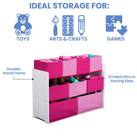 Delta Children deluxe multi-bin toy organizer side view highlighting sturdy construction