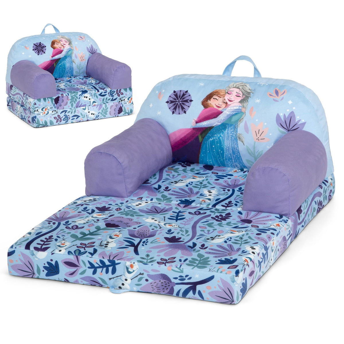 Delta Children Disney Frozen Cozee Buddy flip-out chair purple front view for cozy seating and reading