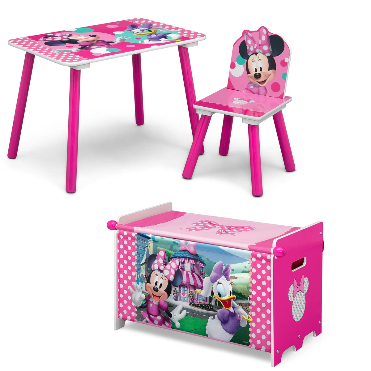 Delta Children Minnie Mouse table shows sturdy wooden surface ideal for kid crafts