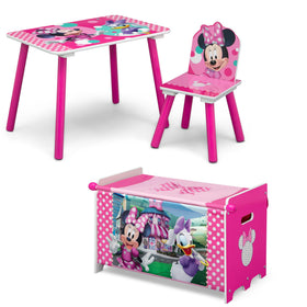 Delta Children Minnie Mouse table shows sturdy wooden surface ideal for kid crafts