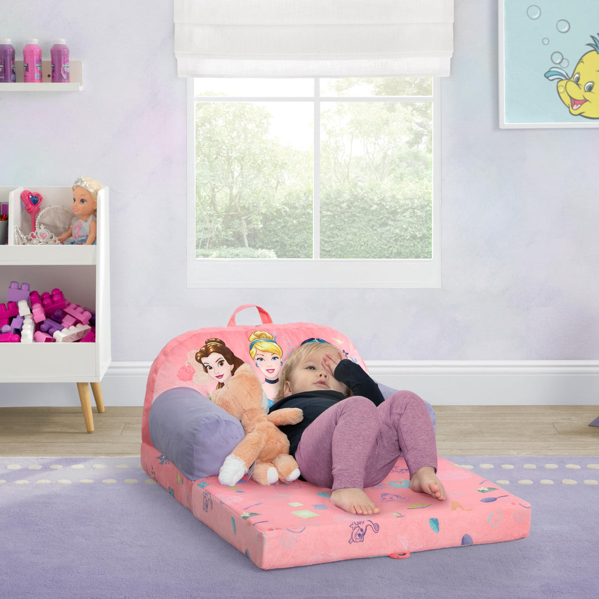 Delta Children Disney Princess Cozee Buddy chair pink in sleeper mode for naps