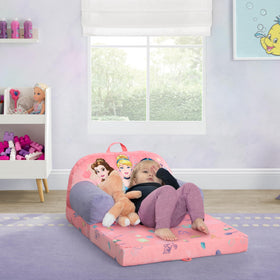 Delta Children Disney Princess Cozee Buddy chair pink in sleeper mode for naps