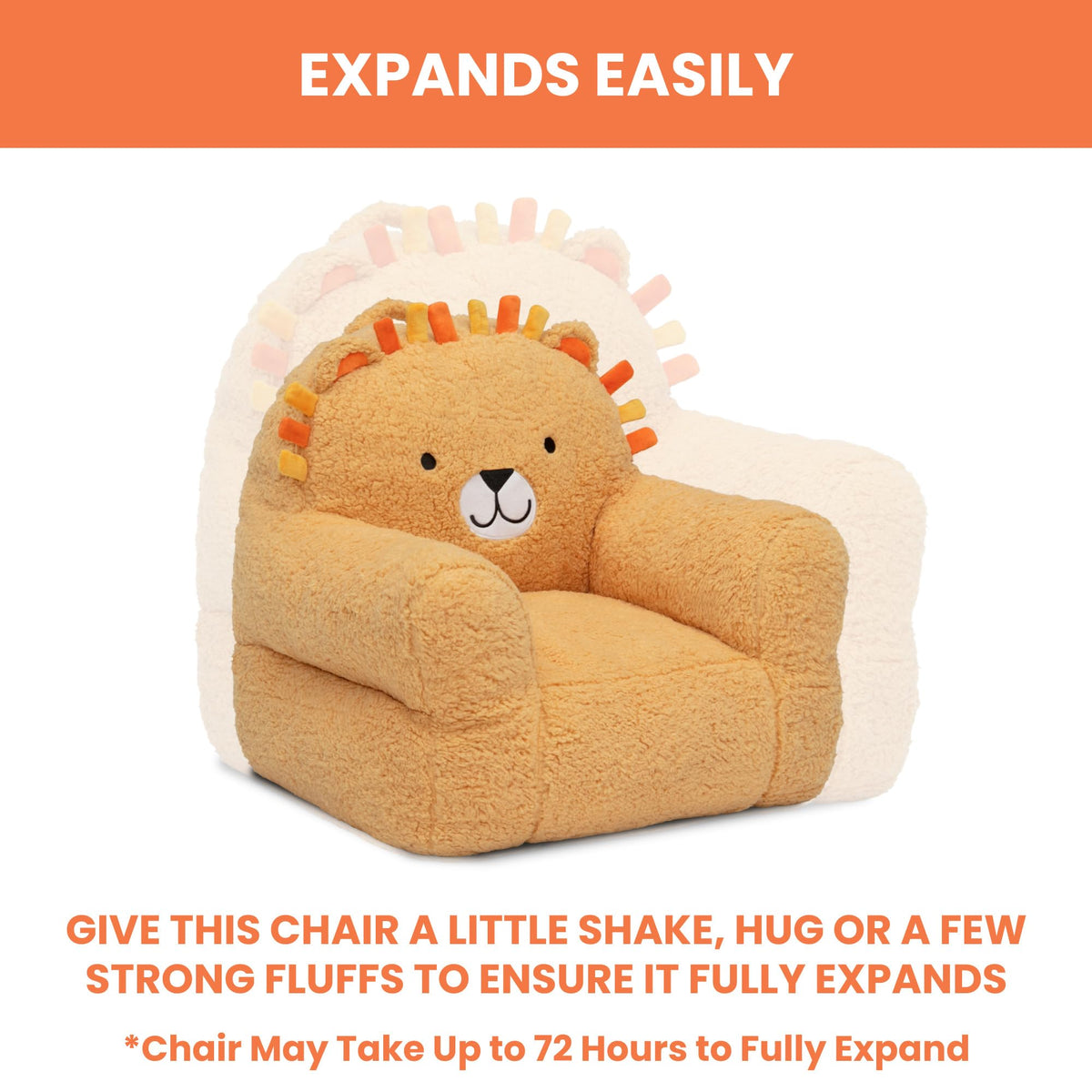 Delta Children Lion Cozee Buddy Chair orange in a cozy bedroom setup