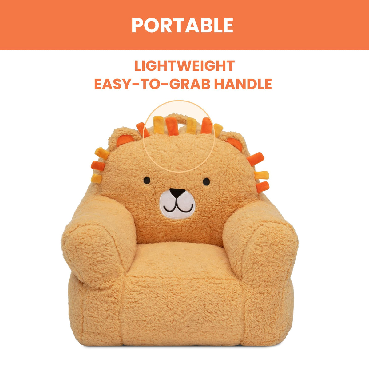 Delta Children Lion Cozee Buddy Chair orange in a playful playroom setting