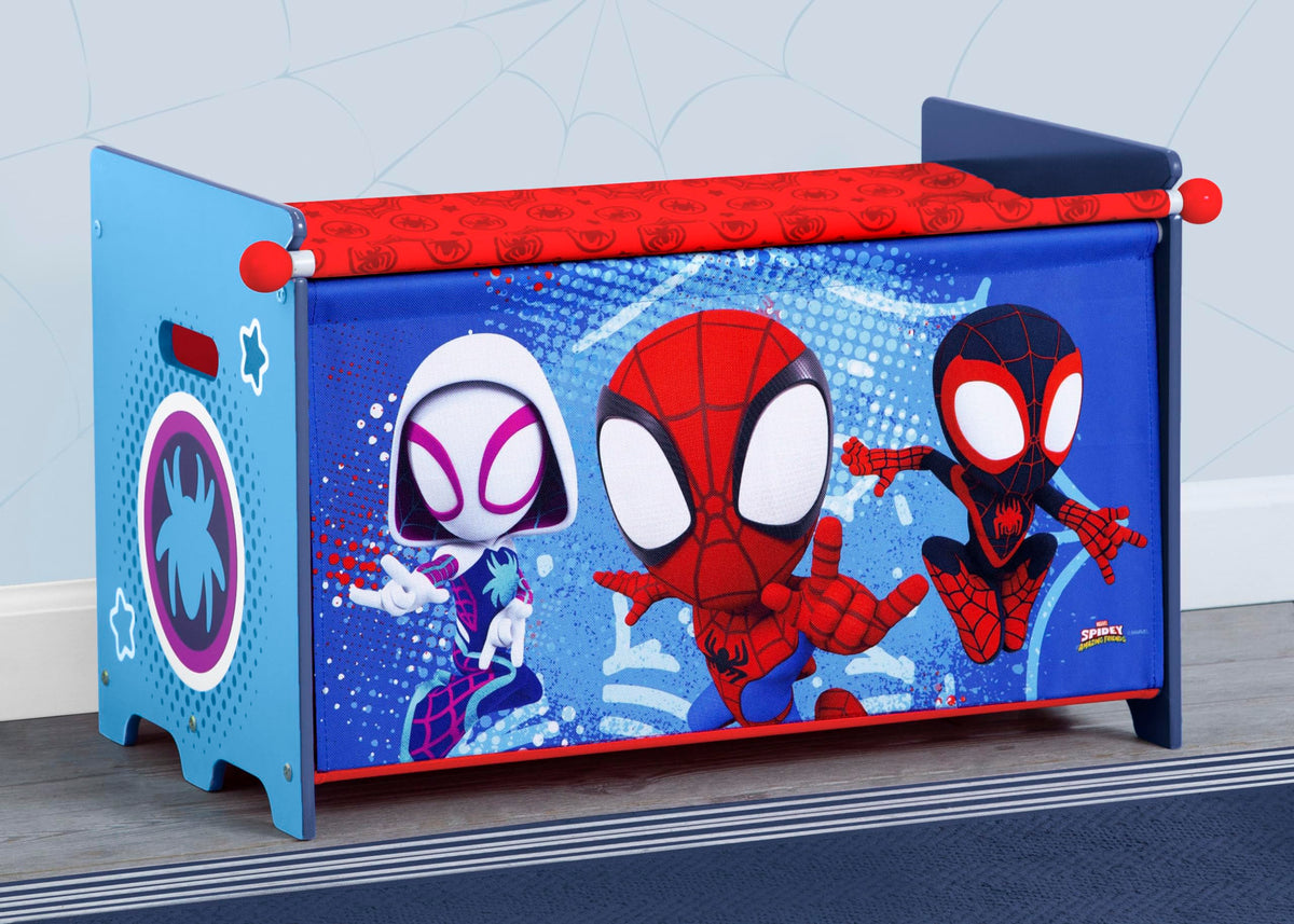 Delta Children Marvel Spidey toy box with Spider-Man graphics keeps play areas organized
