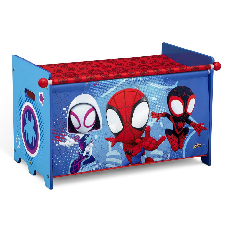 Delta Children Marvel Spidey toy box with retractable top in blue for quick cleanup