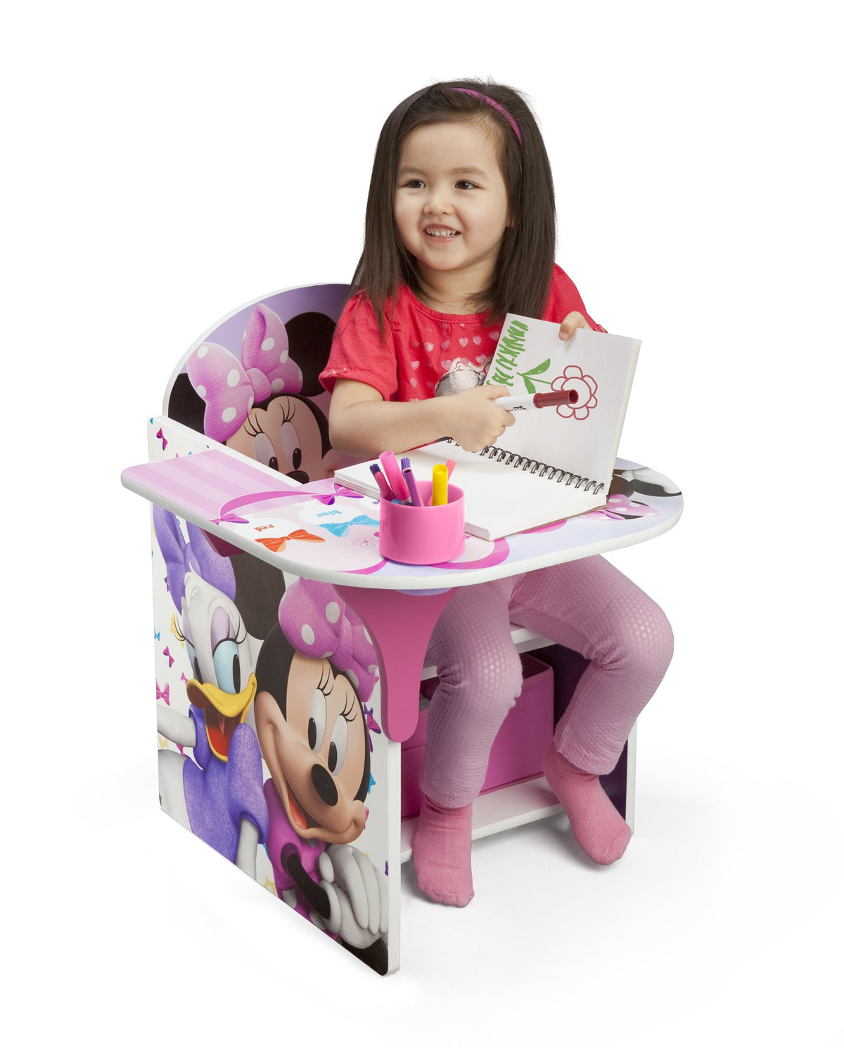 Delta Children Minnie Mouse chair desk cup holder keeps pencils within reach.