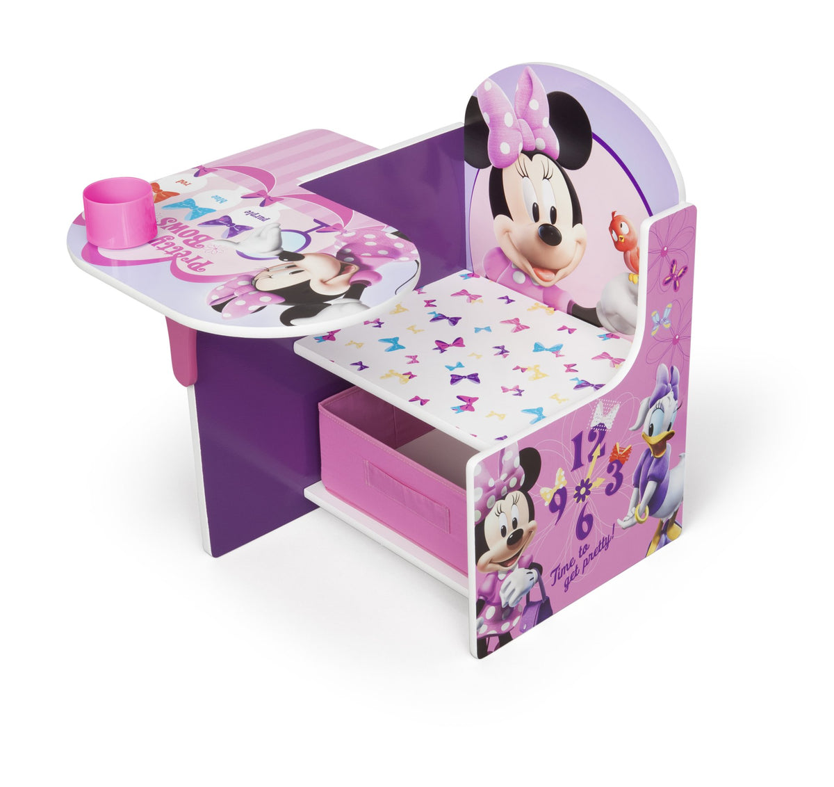 Delta Children Minnie Mouse chair desk side view; compact design fits small rooms.