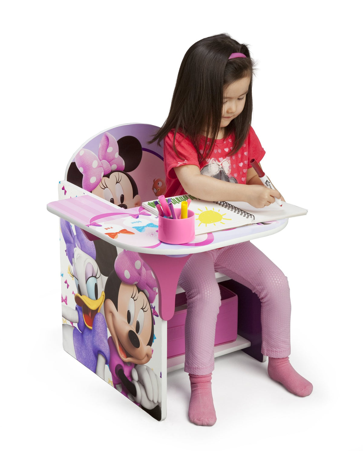Delta Children Minnie Mouse chair desk under-seat storage bin open; space for art supplies.