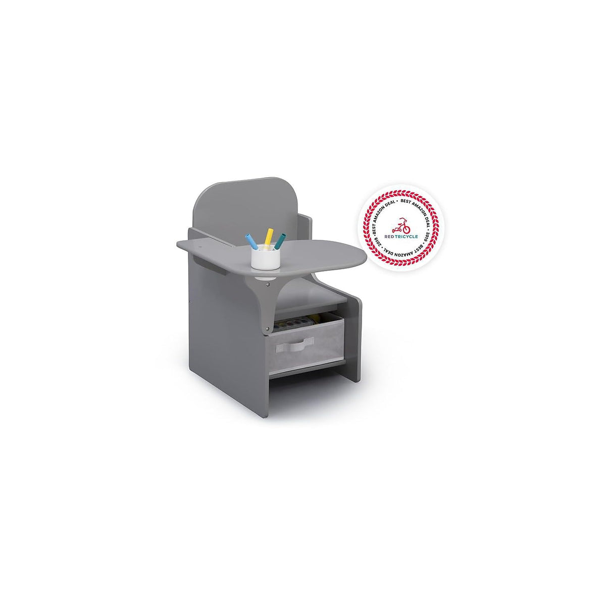 Delta Children MySize chair desk grey with storage bin keeps supplies organized.