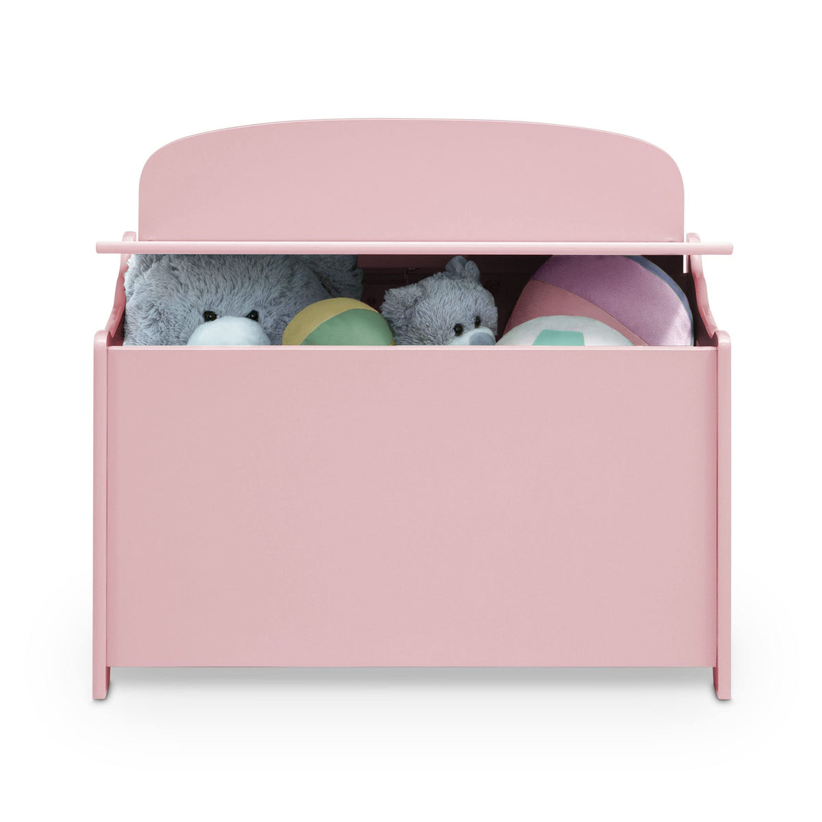 Delta Children MySize Deluxe Toy Box Dusty Rose safety lid in action