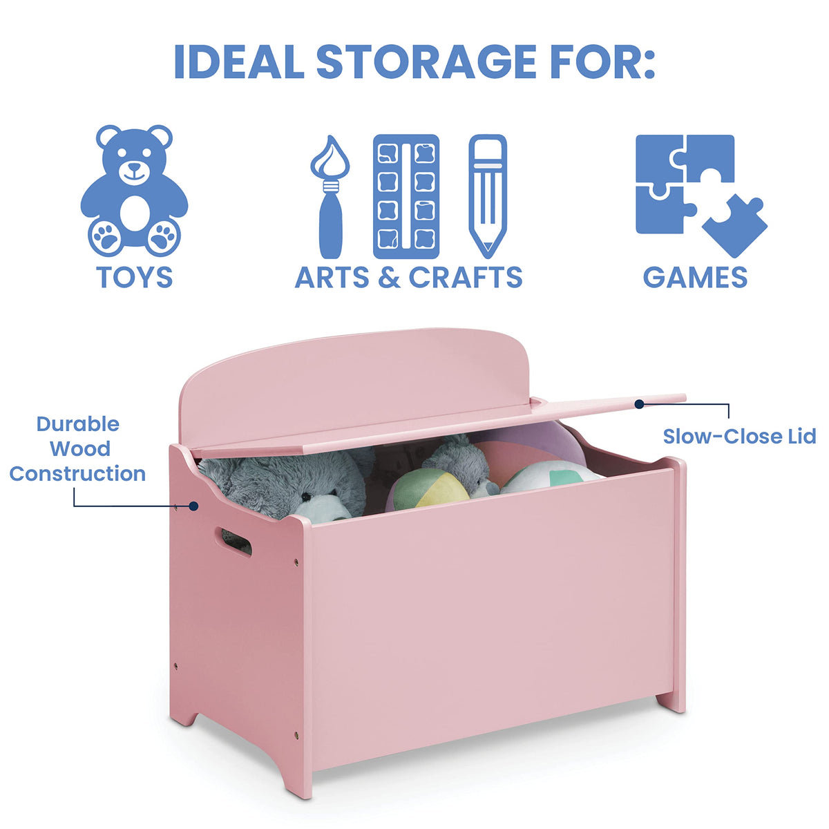 Delta Children MySize Deluxe Toy Box Dusty Rose side handles for easy transport