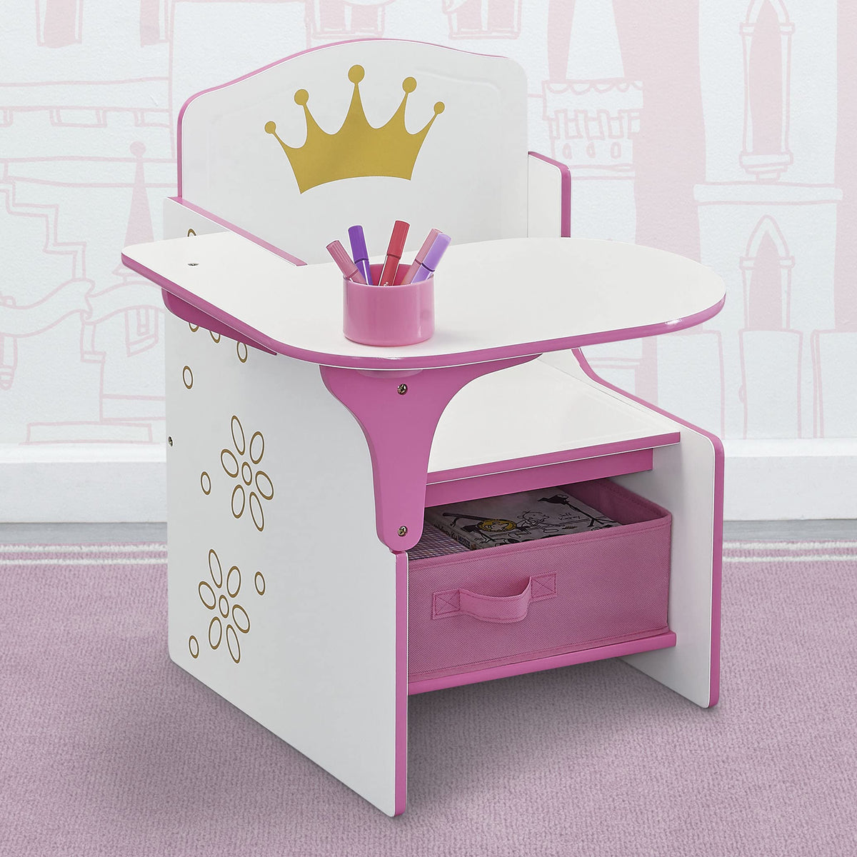 Delta Children princess crown desk under-seat storage bin for organized toys.