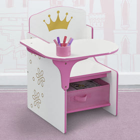 Delta Children princess crown desk under-seat storage bin for organized toys.