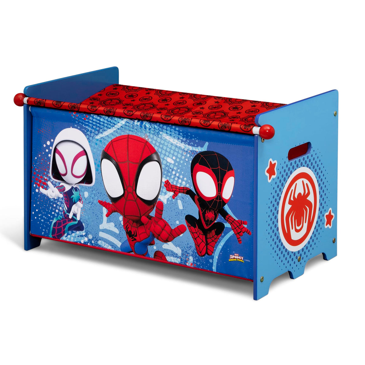Delta Children Marvel Spidey toy box retractable fabric lid protects toys with compact storage
