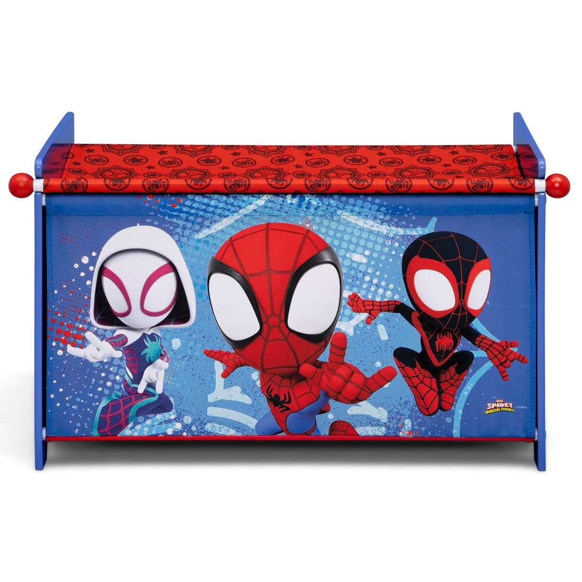 Delta Children Marvel Spidey toy box features rounded edges for safe play