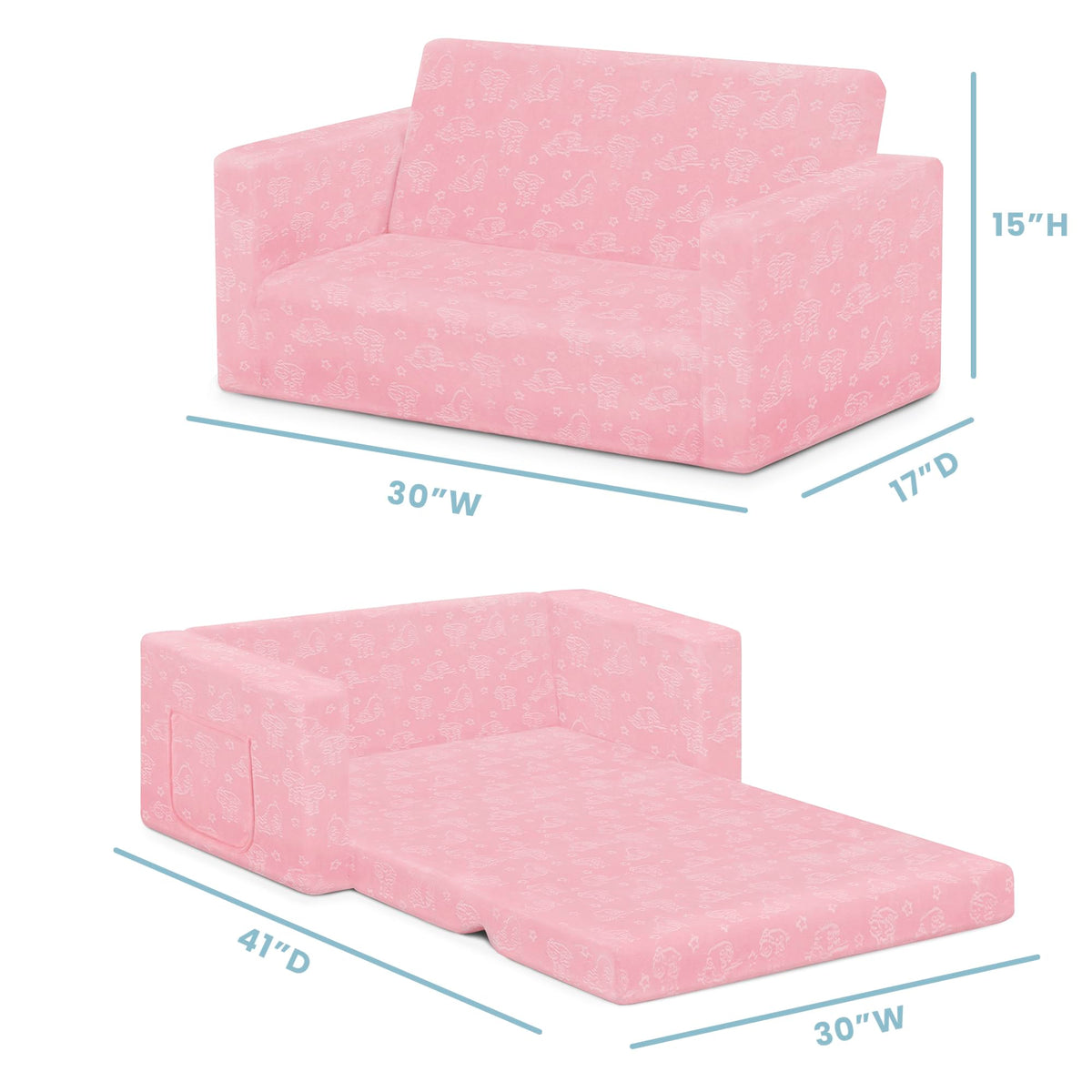 Delta Children Serta Perfect Sleeper Kids Sofa bed-lounger shows easy chair-to-bed transition.