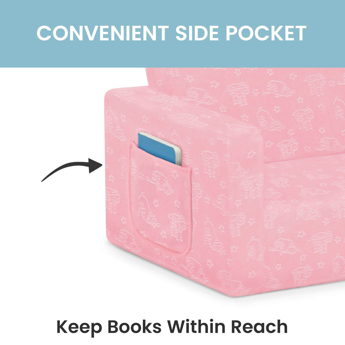 Delta Children Serta Perfect Sleeper side-pocket provides quick-access storage for books or toys.