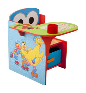 Sesame Street chair desk shows Elmo art, storage bin keeps toys neatly within reach.