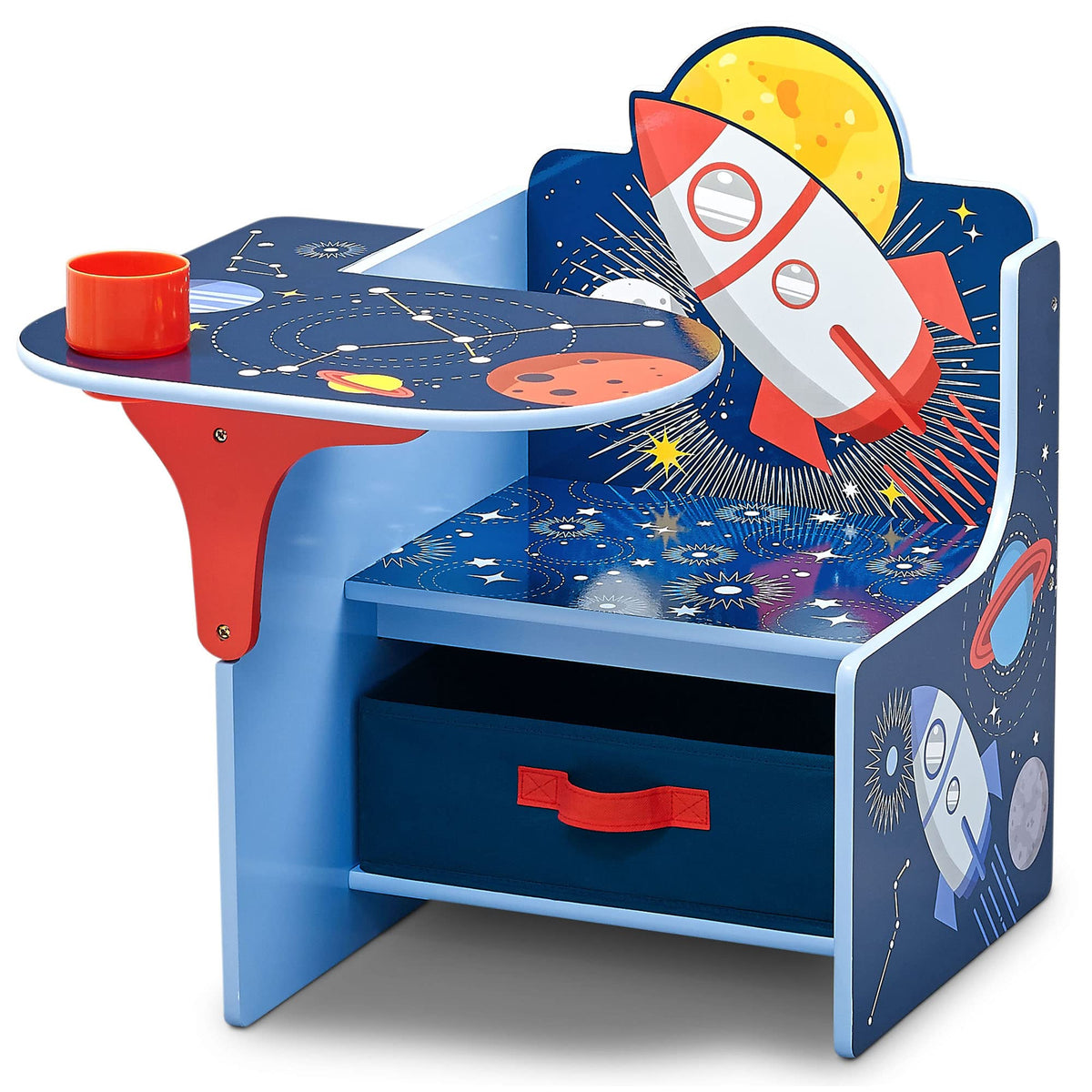 Delta Children Space Adventures chair desk full view, compact learning station for toddlers.