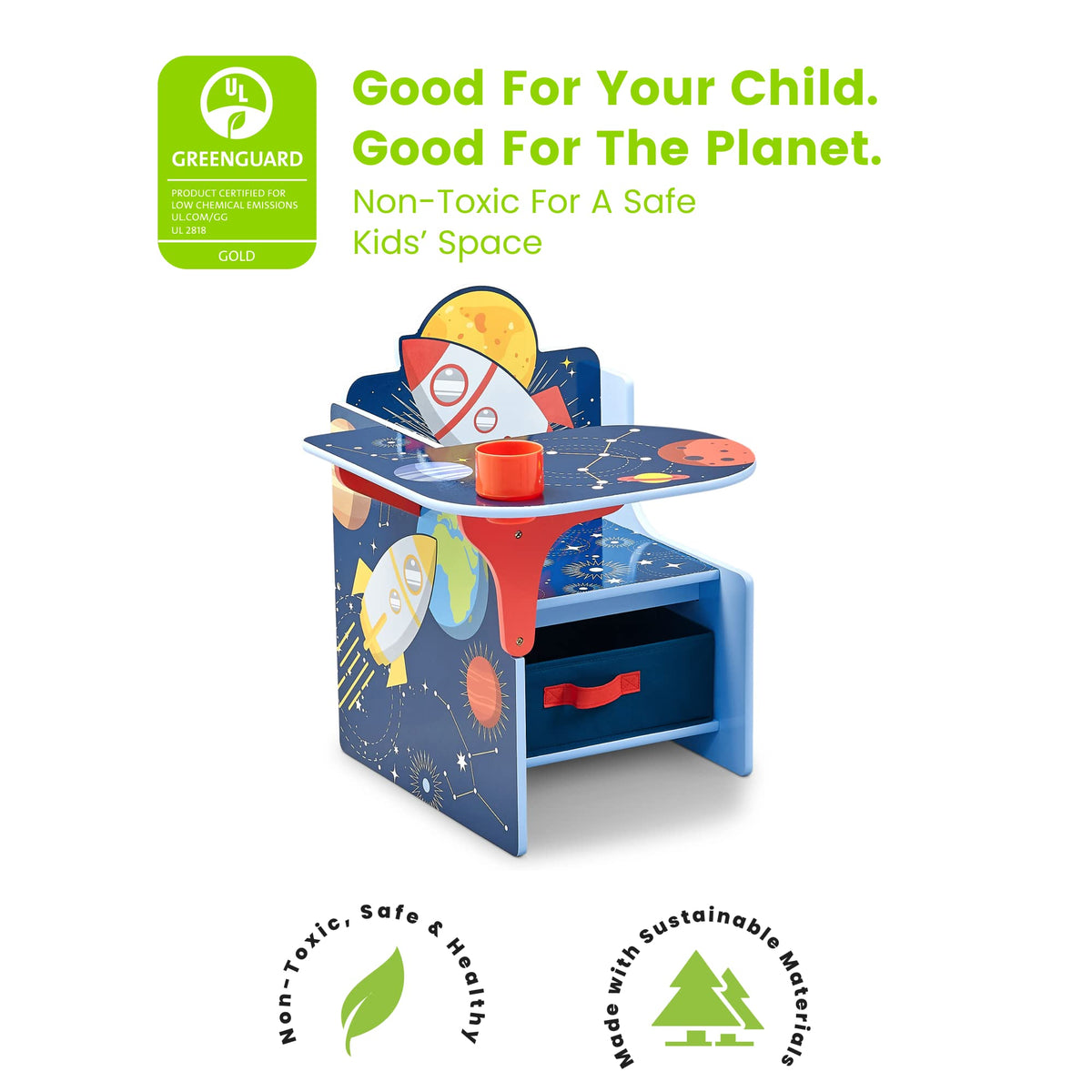 Delta Children Space Adventures cup holder, keeps art supplies within reach during crafts.