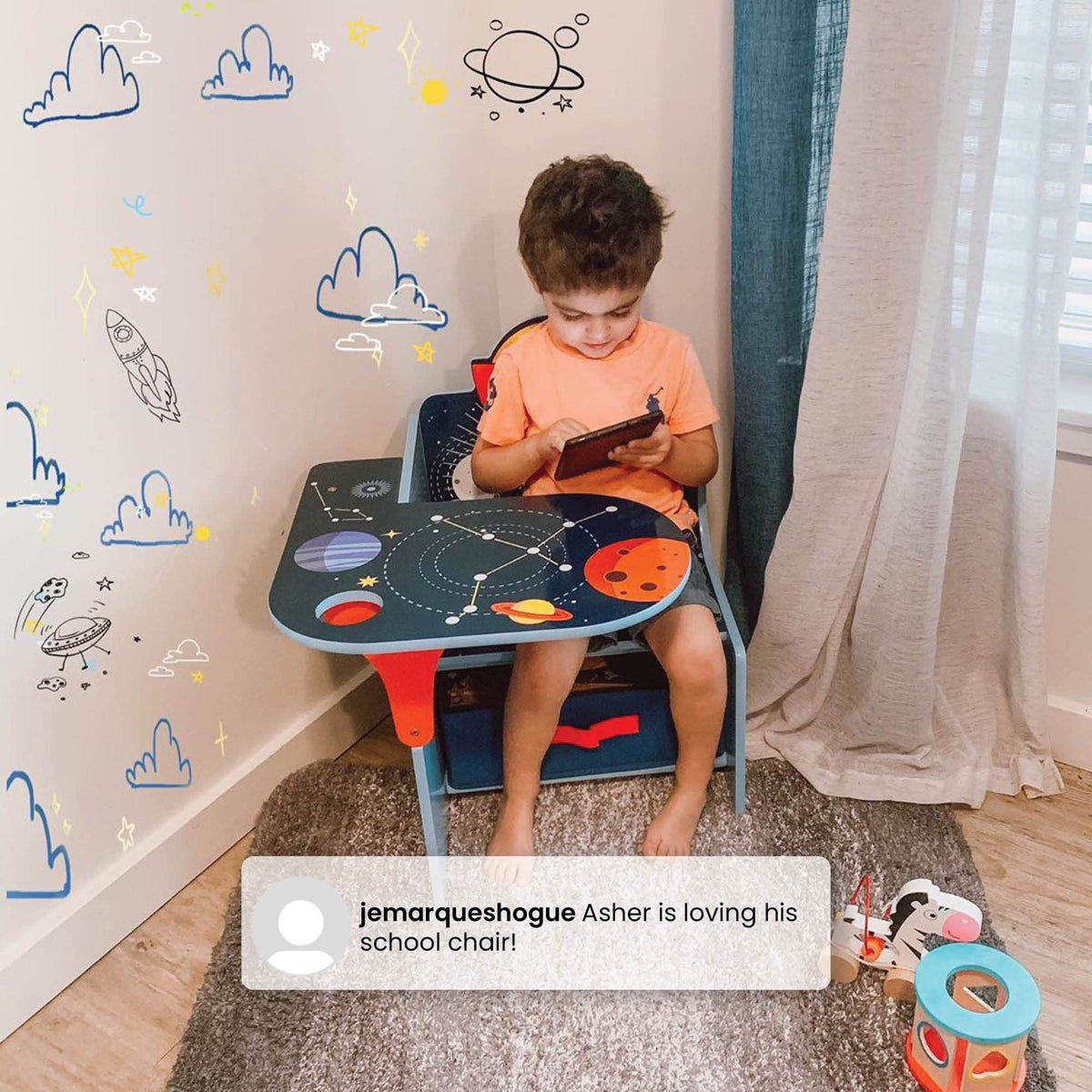 Delta Children Space Adventures outer-space graphics, inspires imaginative play and learning.