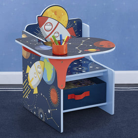 Delta Children Space Adventures storage bin under seat, easy toy cleanup and organization.
