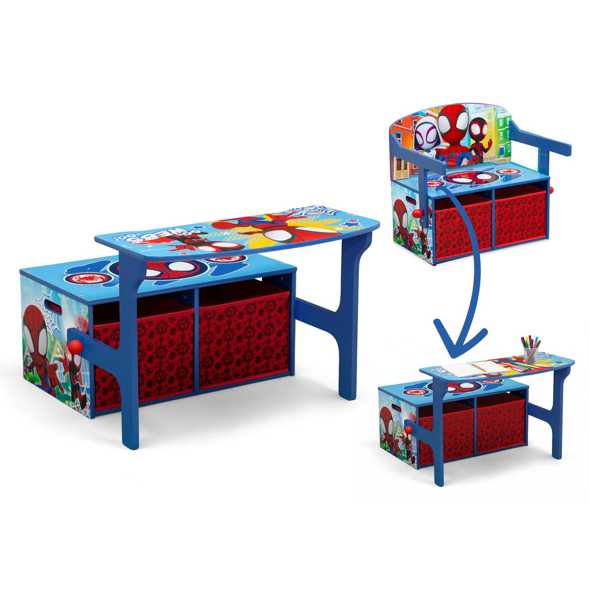 Delta Children Marvel Spidey activity bench front view with vibrant graphics