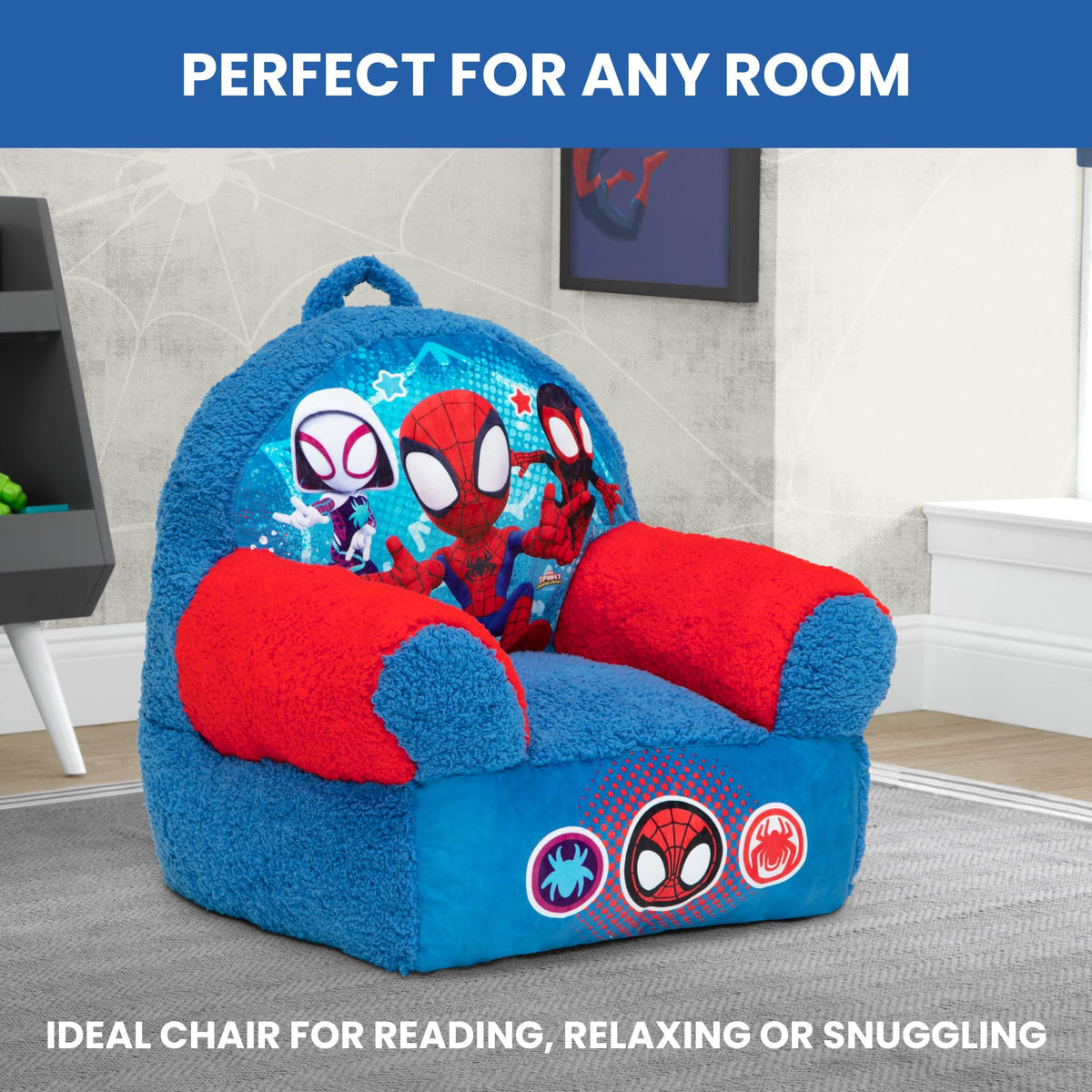 Delta Children blue chair is spot-clean friendly for busy households