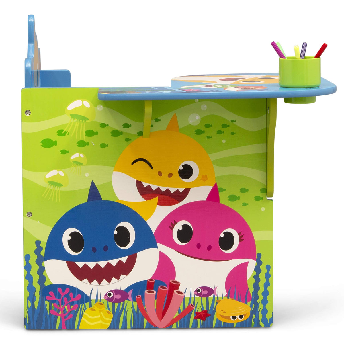 Delta Children storage bin under seat provides space for art supplies and toys.