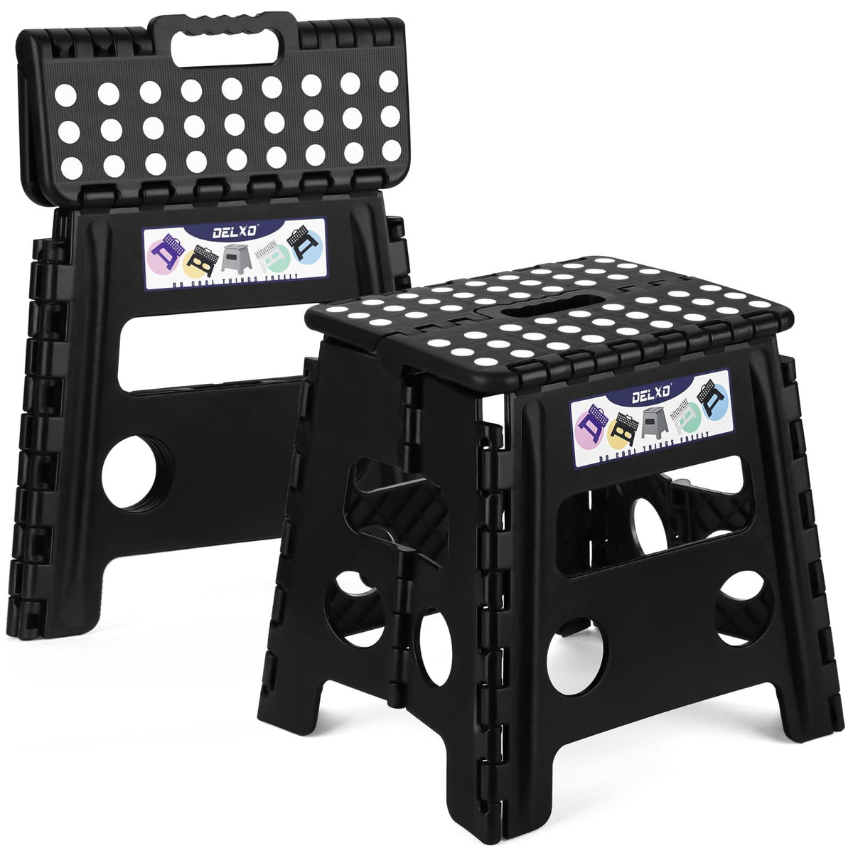 Delxo 13 inch folding stool open with handle for kitchen reach.