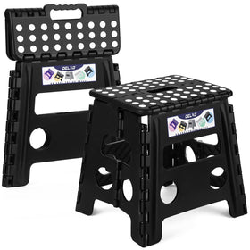 Delxo 13 inch folding stool open with handle for kitchen reach.
