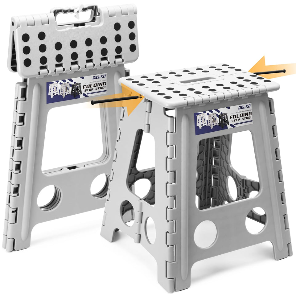 Delxo 16-inch folding stool fully opened with sturdy frame and safety locks for secure stepping.
