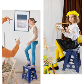 Delxo royal blue folding stool opened for quick access to high shelves.