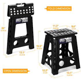 Delxo folding stool in use by an adult demonstrates sturdy 400 lb capacity.