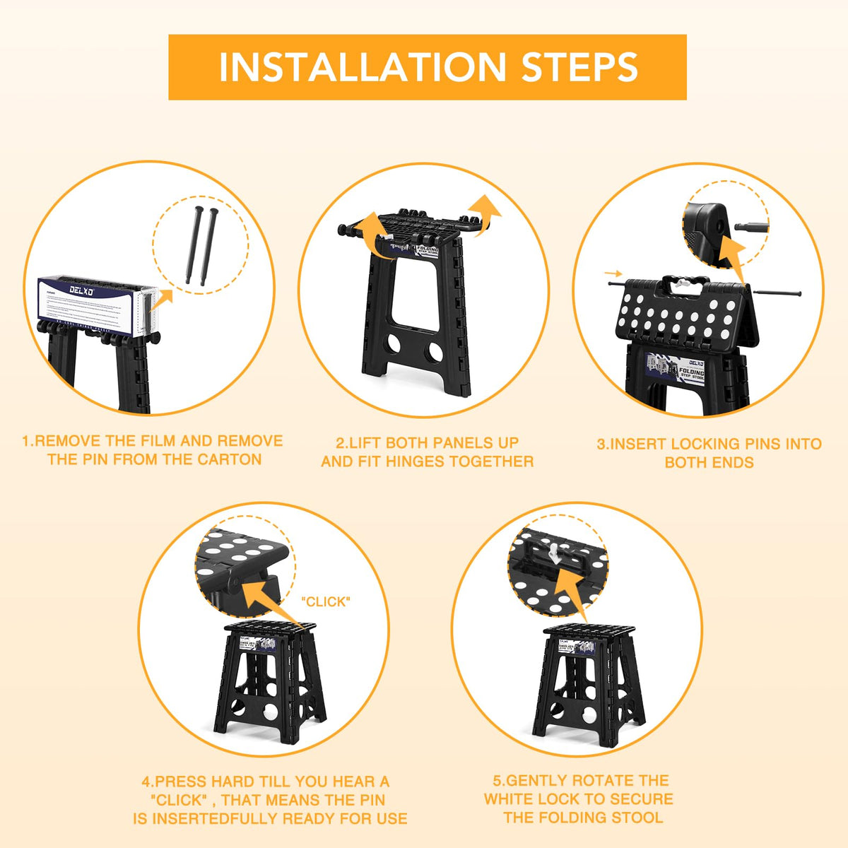 Delxo folding stool in kitchen reaches high cabinets with ease.