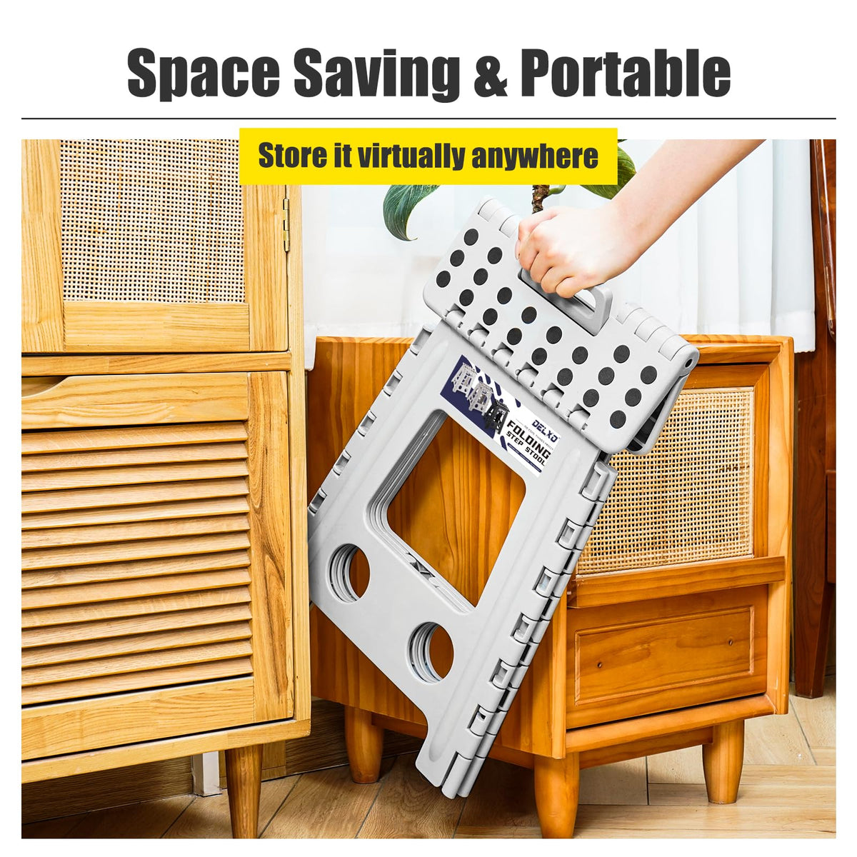 Delxo folding stool beside a kitchen counter for easy reach.