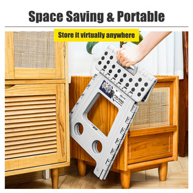 Delxo folding stool beside a kitchen counter for easy reach.