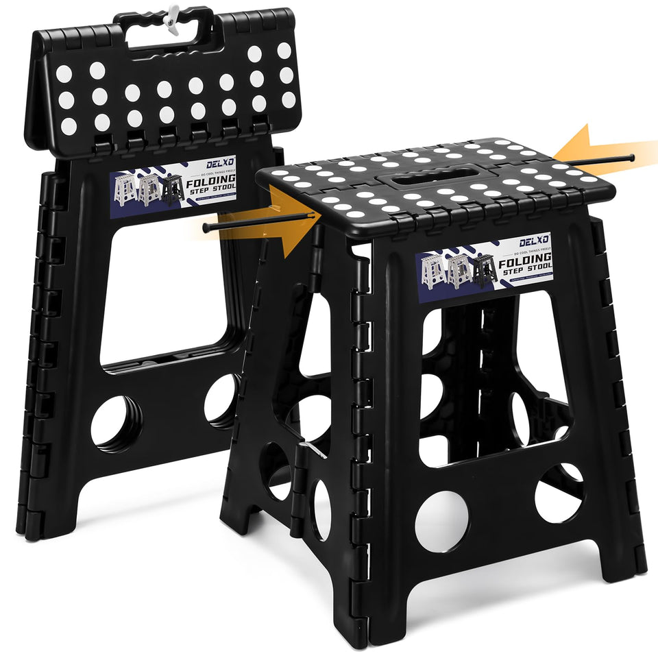 Delxo folding stool open shows compact height for easy reach and storage.