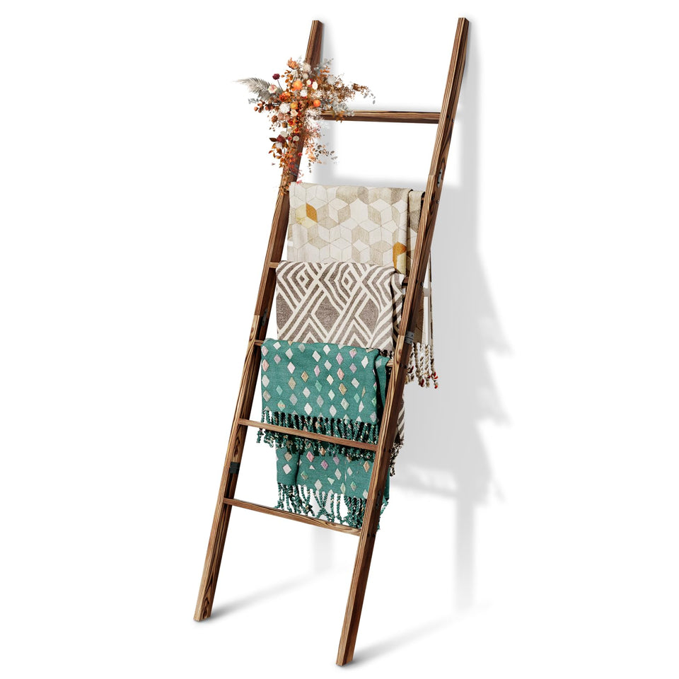 Delywh 6-Tier Wooden Blanket Ladder for space-saving blanket storage in a cozy living room.