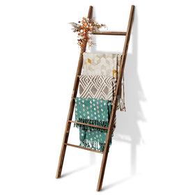 Delywh 6-Tier Wooden Blanket Ladder for space-saving blanket storage in a cozy living room.