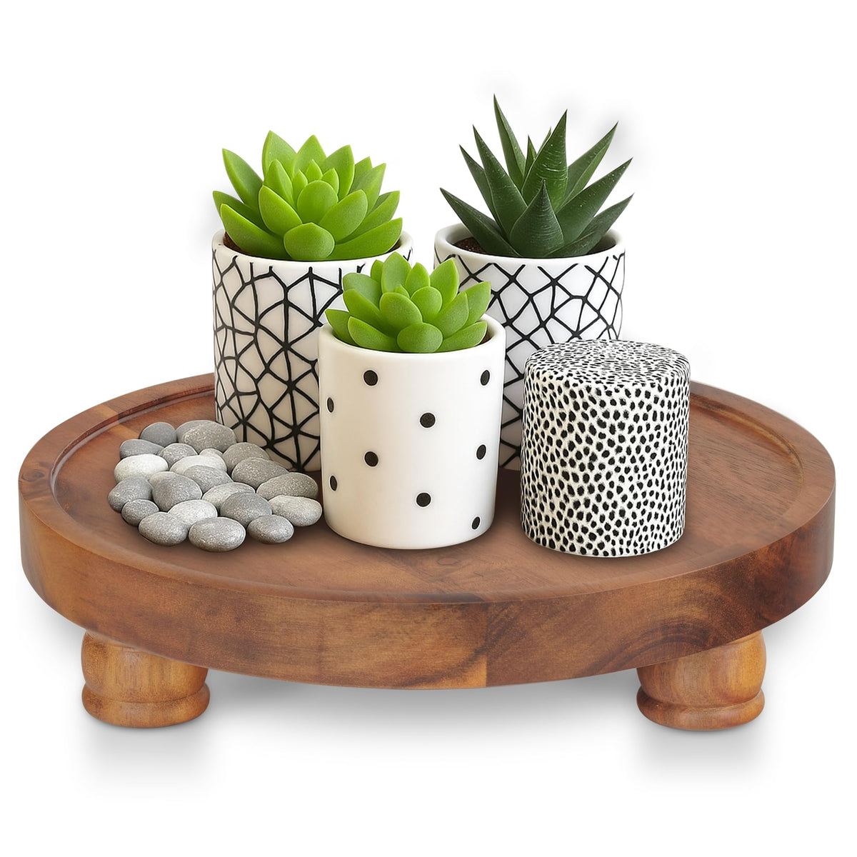 Demigo 10in acacia round tray pedestal for elegant tabletop display and organization.