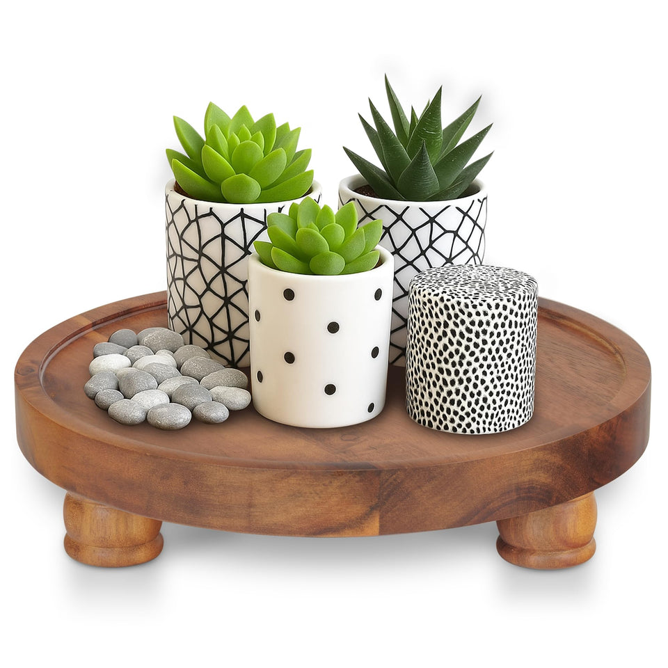 Demigo 10in acacia round tray pedestal for elegant tabletop display and organization.