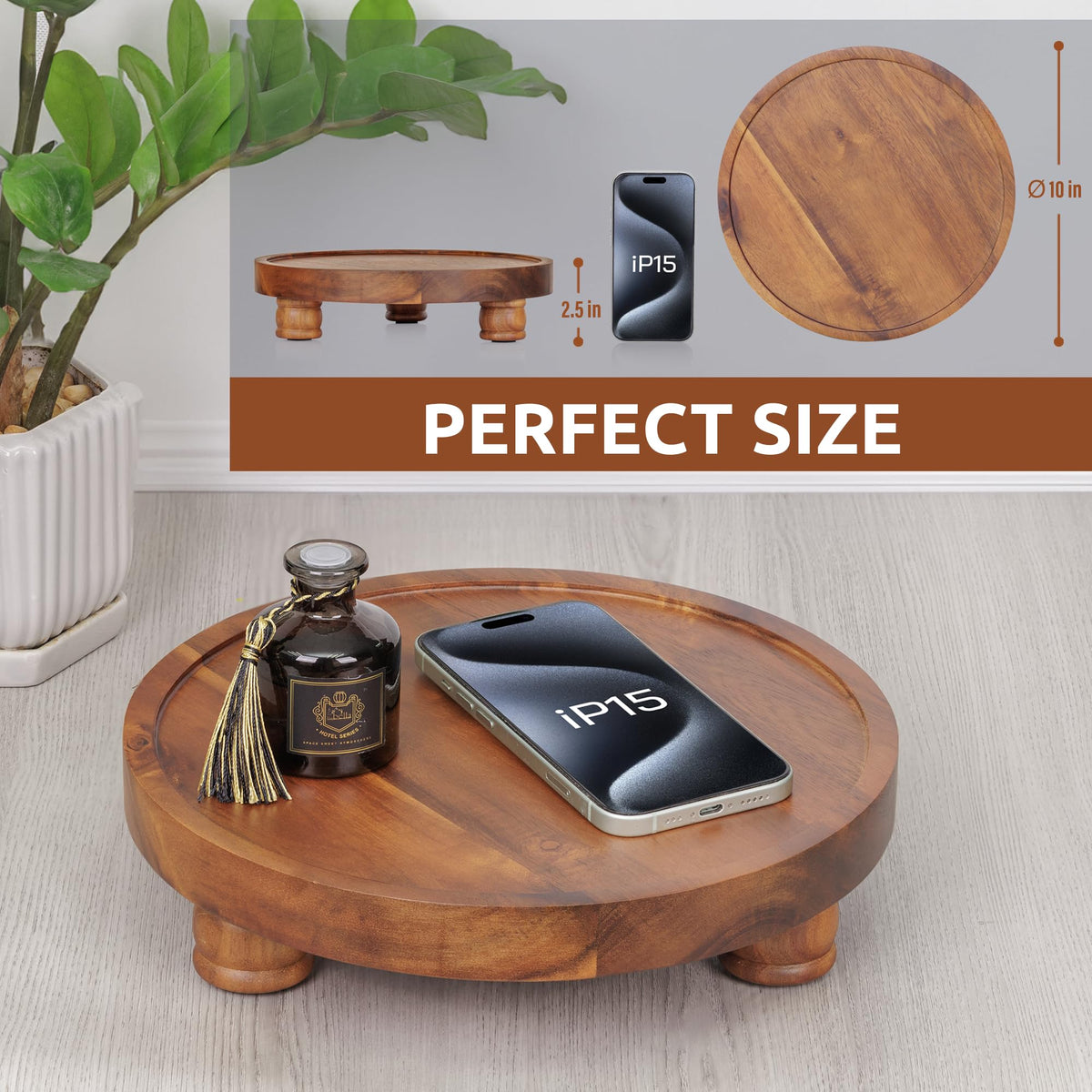 Demigo acacia wood plant display stand offering stable elevated decor.