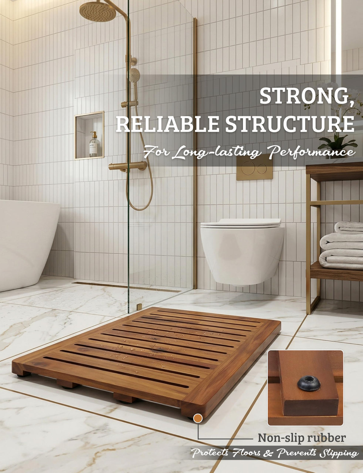 Demigo Acacia Wood Shower Mat indoor outdoor use for versatile spaces.