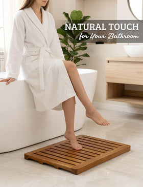 Demigo Acacia Wood Shower Mat side view highlights non-slip feet protecting floors.