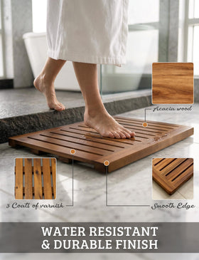 Demigo Acacia Wood Shower Mat drainage channel keeps water moving away from the surface.